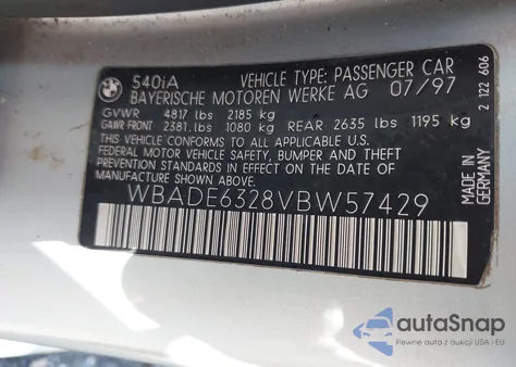 1997 BMW 540Ia z USA, uszkodzony, nr VIN WBADE6328VBW57429